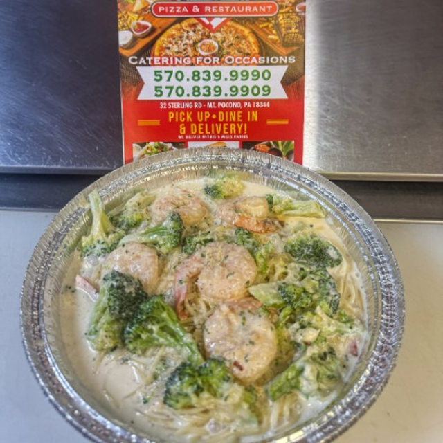 Pasta Alfredo with Shrimp & Broccoli.