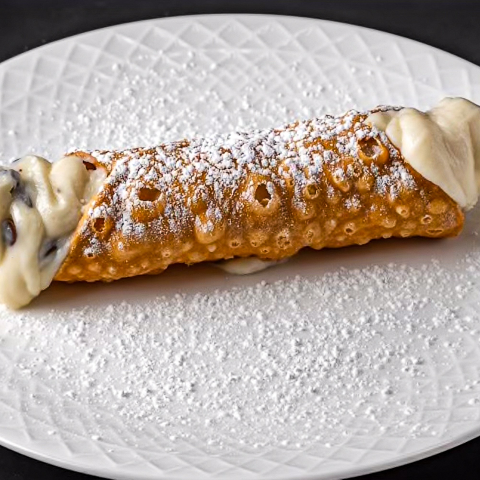 A golden-brown cannoli, filled with creamy white ricotta and chocolate chips, dusted with powdered sugar.